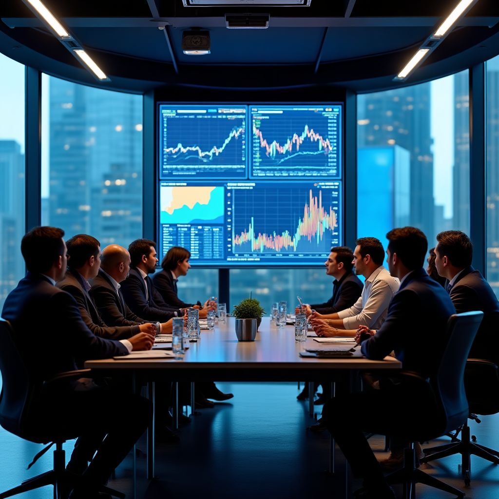 Equipo de profesionales financieros en reunión estratégica